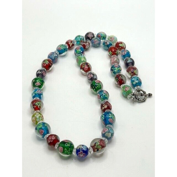 Multicolor Floral Glass Beaded Necklace Toggle Closure 24" - Picture 1 of 12